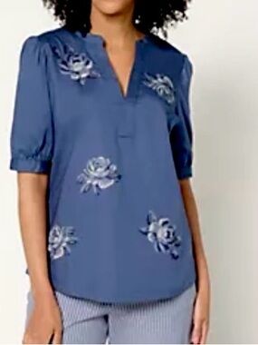 QVC BEAUTIFUL by Lawrence Zarian Split Neck Embroidered Puff-Sleeve Top / XL